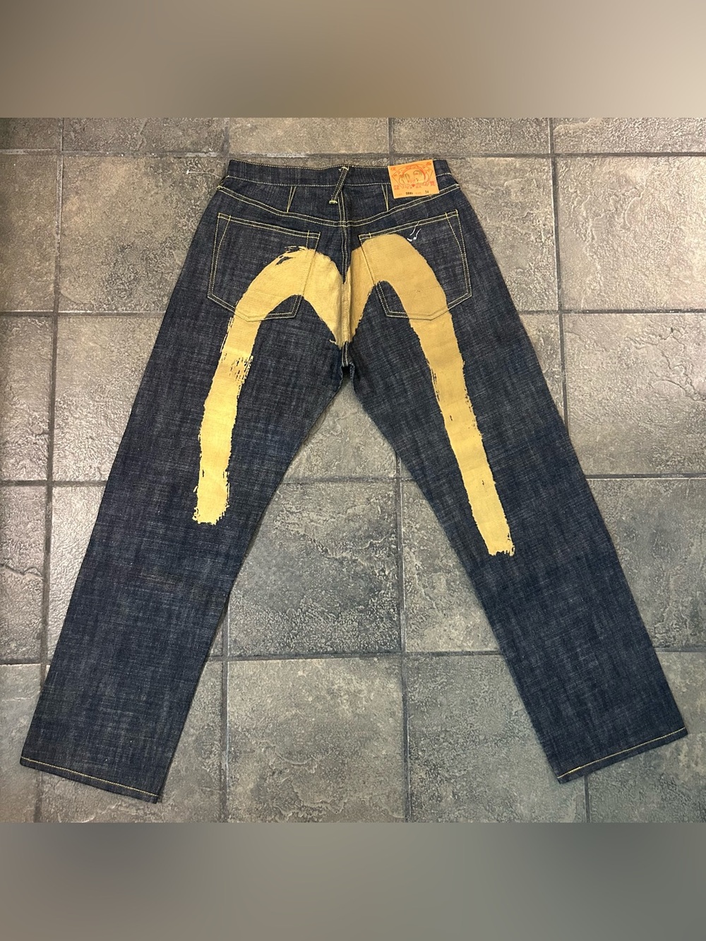 Y2K Evisu Denim Hand Painted Logo Skater Baggy HipHop 2001 Size 34